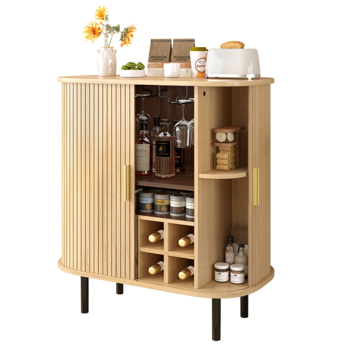 Fluted Wine Bar Cabinet With 8 Grid Wine Rack, 5 Level Adjustable Shelves, 2 Glass Holders