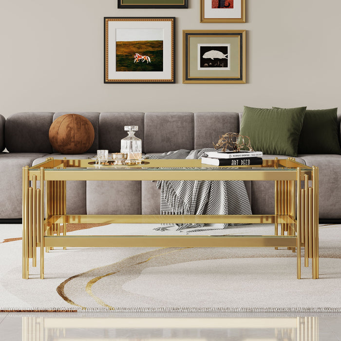 Coffee Table With Double Tier, Rectangular Design - Gold