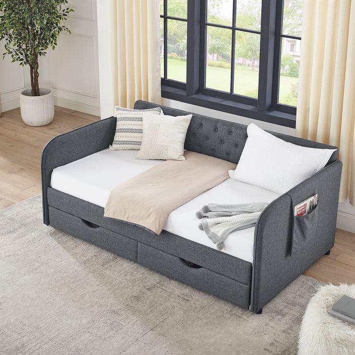Daybed With Trundle And Storage Drawers, Flat Arms With Pocket