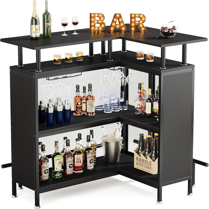 L Shaped Home Mini Bar Table With 2 Tier Shelves & Glass Racks - Black