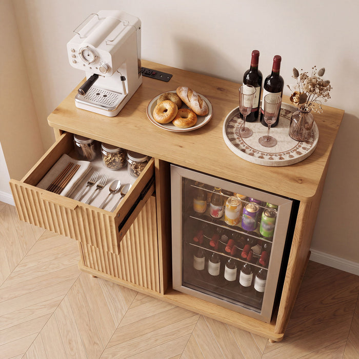 Fluted Coffee Bar Cabinet With Mini Fridge Space & Charging Station