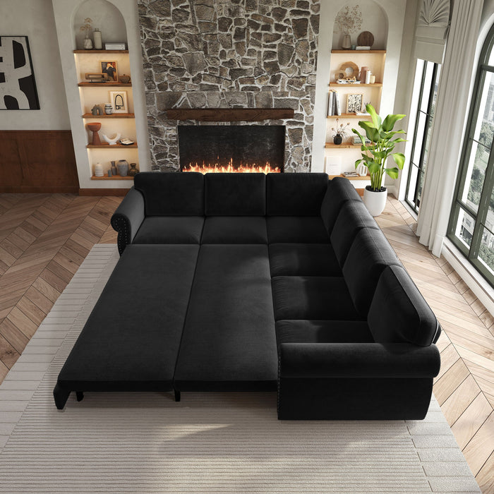 L-Shaped Sofa Couch With Pull Out Bed With Nailhead Trim & Rolled Arm