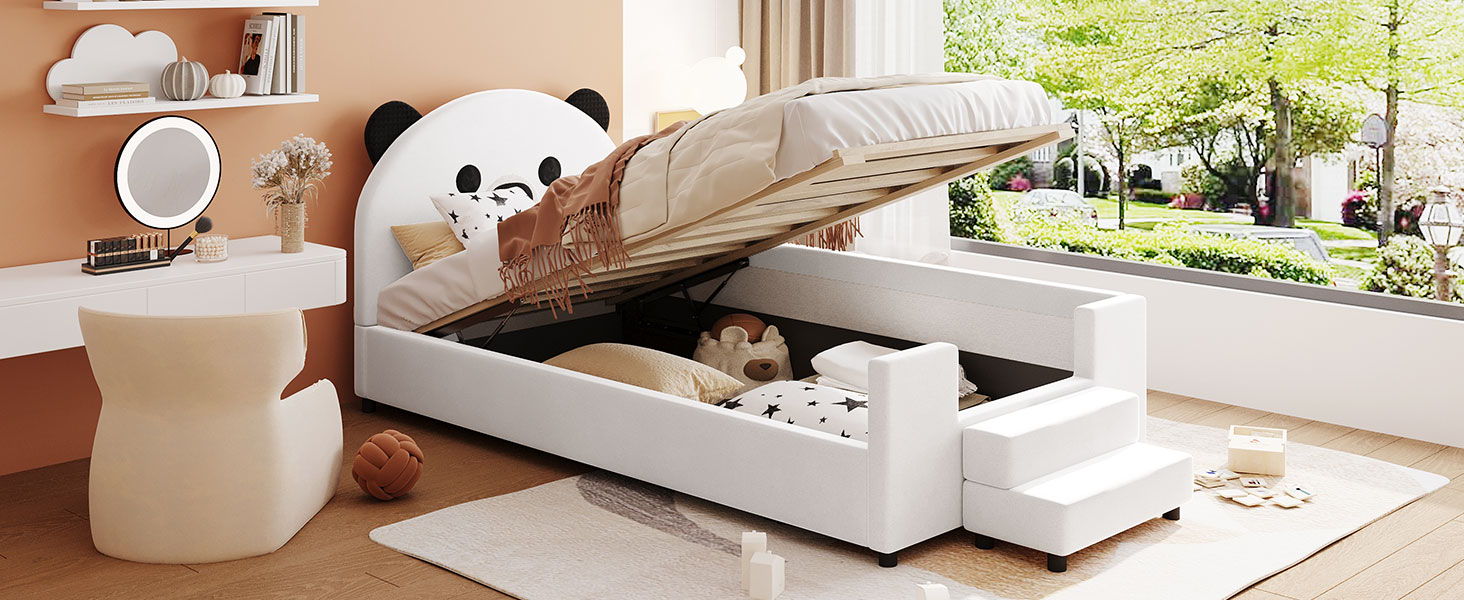 Upholstered Daybed With Bear Shaped Headboard, Hydraulic System And Breathable Mesh Fence