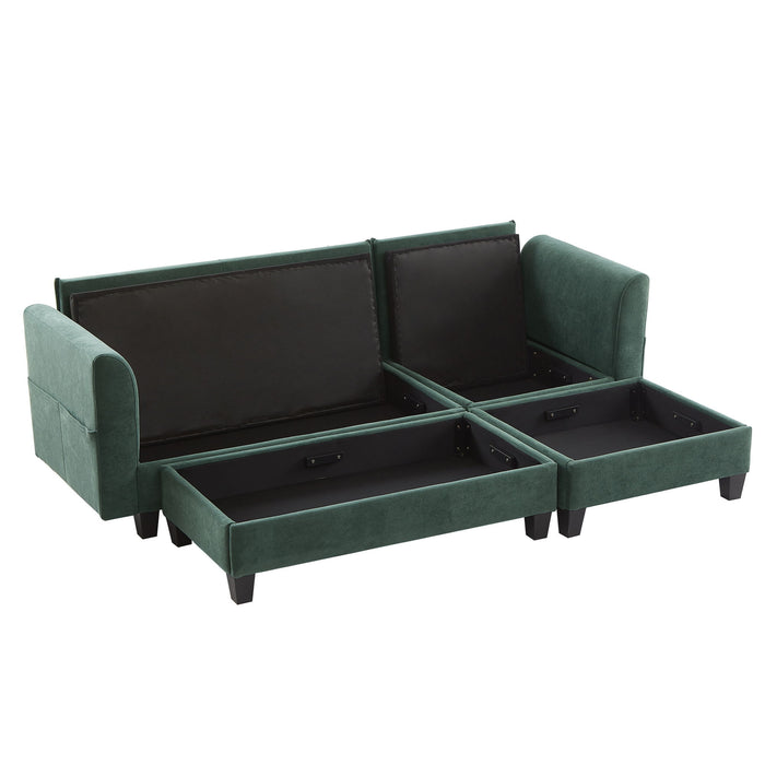 Upholstered L Shaped Sectional Sofa With Storage, Movable Ottoman, And 6 Throw Pillows