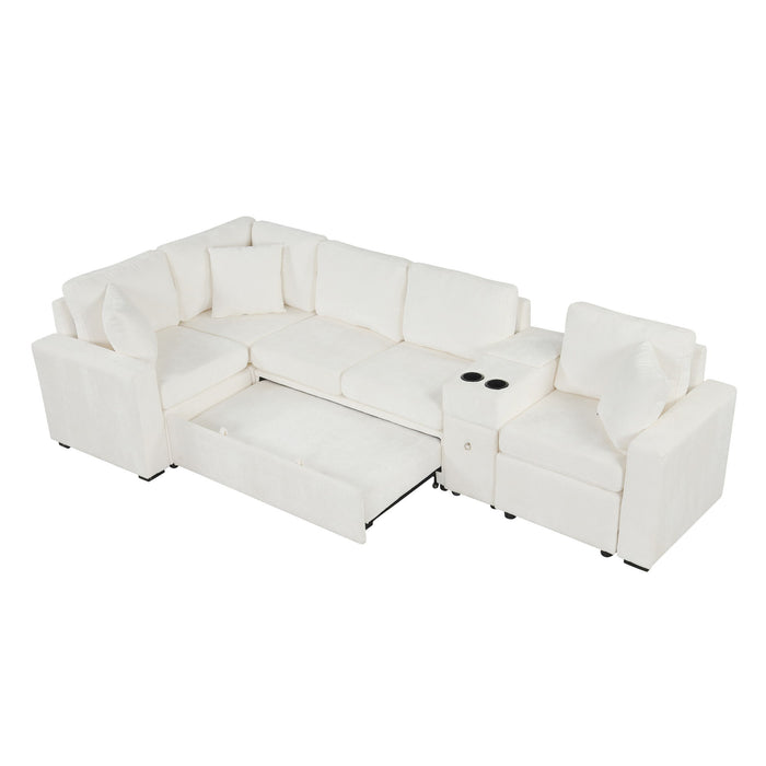 Contemporary L Shaped Convertible Sofa Bed With Pull Out Bed, Cup Holders, And Storage