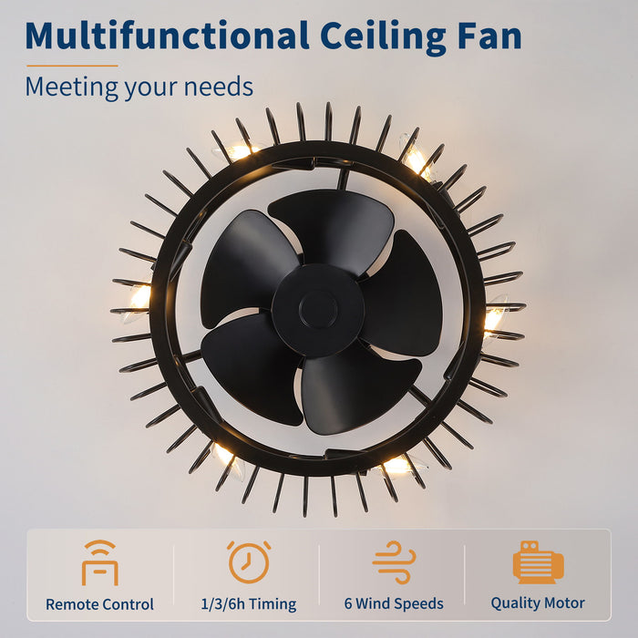 Flush Mount Ceiling Fan With Lights, Low Profile Fandelier With E12 Sockets, Reversible DC Motor, 6 Speeds - Black