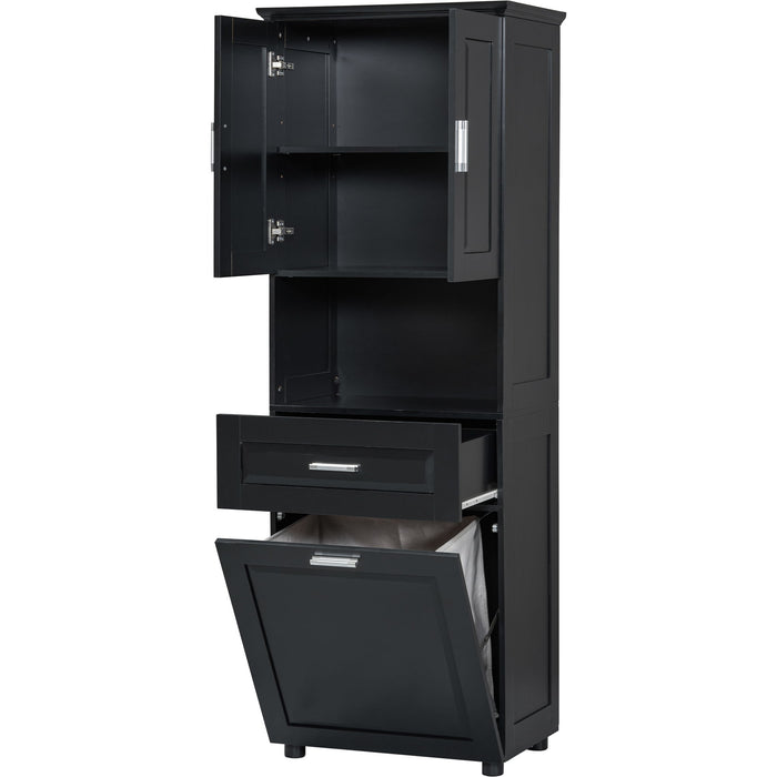 Tall Bathroom Cabinet With Tilt-Out Laundry Basket And Upper Storage