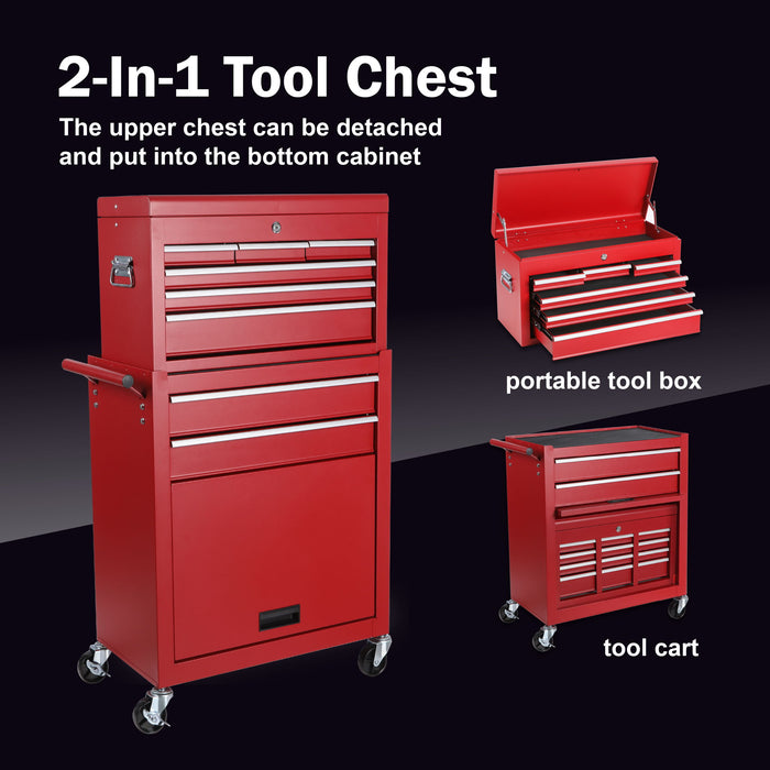 8 Drawer Rolling Tool Chest With 2 In 1 Detachable Top Box, Lockable Wheels