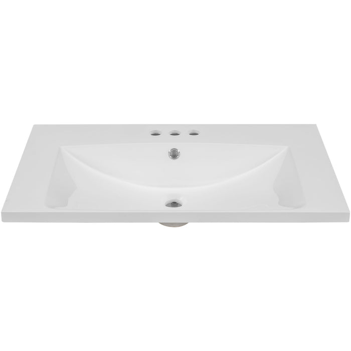 30" Single Bathroom Vanity Top With Undermount Basin, Rectangular Shape, 3 Faucet Holes - White