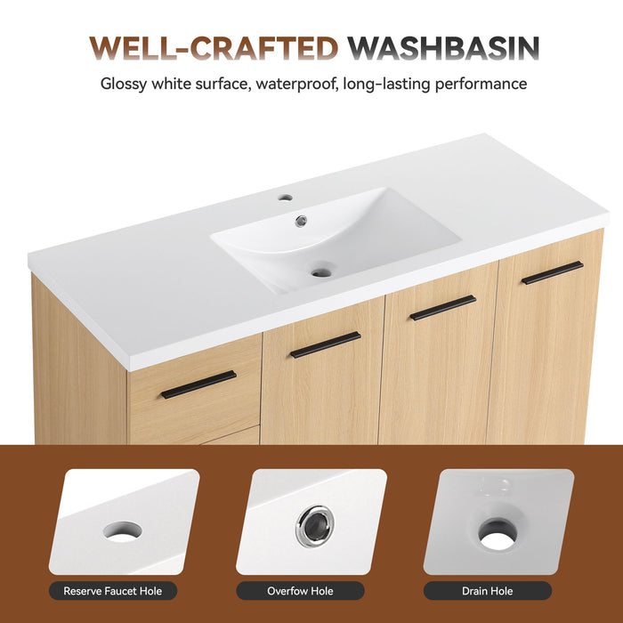 Freestanding Bathroom Vanity Set With Tall Side Cabinet, 3 Drawers And 3 Door Cabinet, Integrated Sink, Large Storage - Glossy White / Light Oak