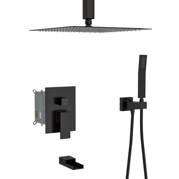 Shower System With Waterfall Tub Spout And 16" Ceiling Mount Square Rain Shower - Oil-Rubbed Bronze
