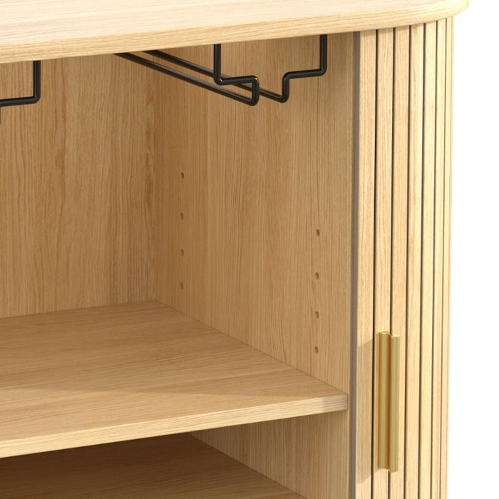 Fluted Wine Bar Cabinet With 8 Grid Wine Rack, 5 Level Adjustable Shelves, 2 Glass Holders