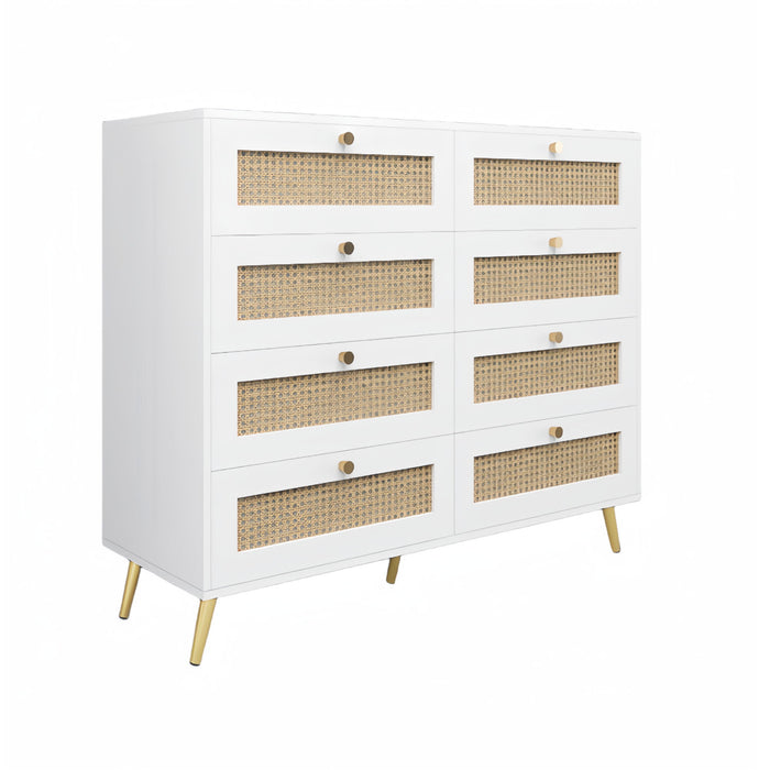 8 Drawers Chest Of Drawers With Rattan Drawer Face Golden Legs And Handles - White