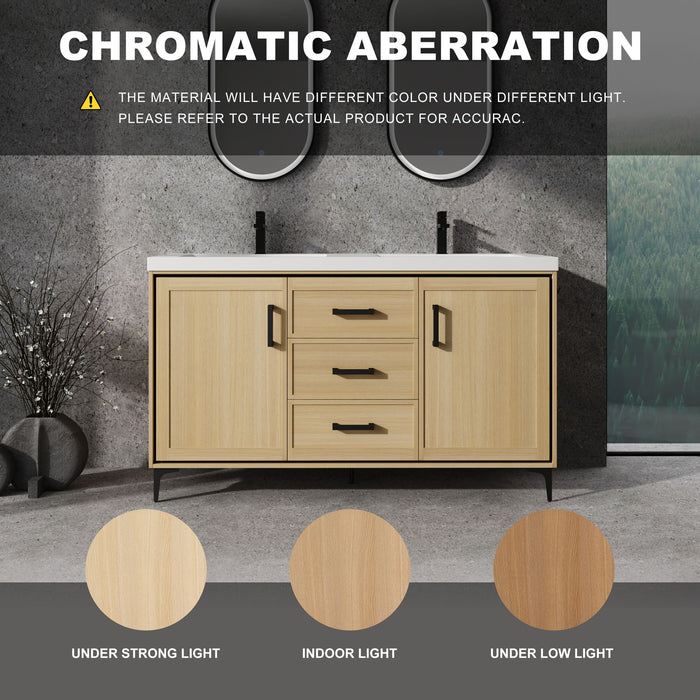 Original 60" Freestanding Bathroom Vanity With Double Resin Sink Plywood Soft Closing Doors & Drawers - Oak