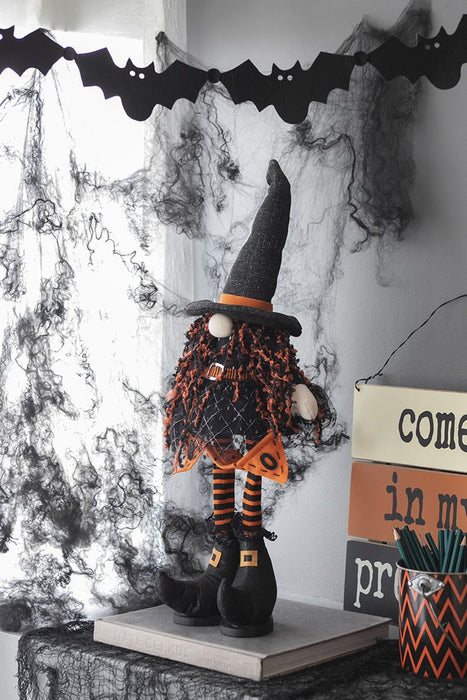 Standing Gnome With Banner & Spring Body, For Halloween Decor - Black / Orange / White