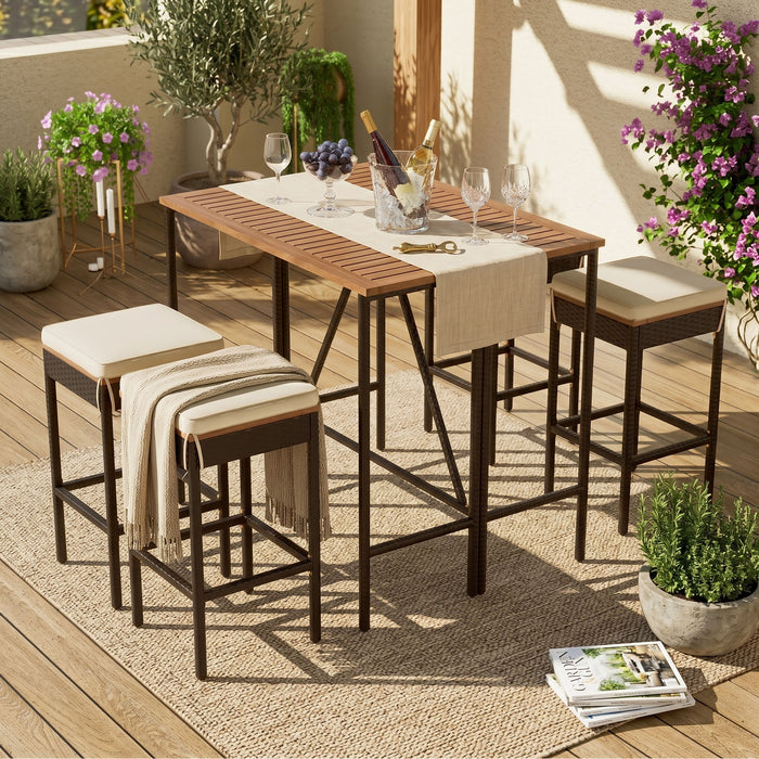 Outdoor Acacia Wood Bar Height Table And Eight Stools With Cushions