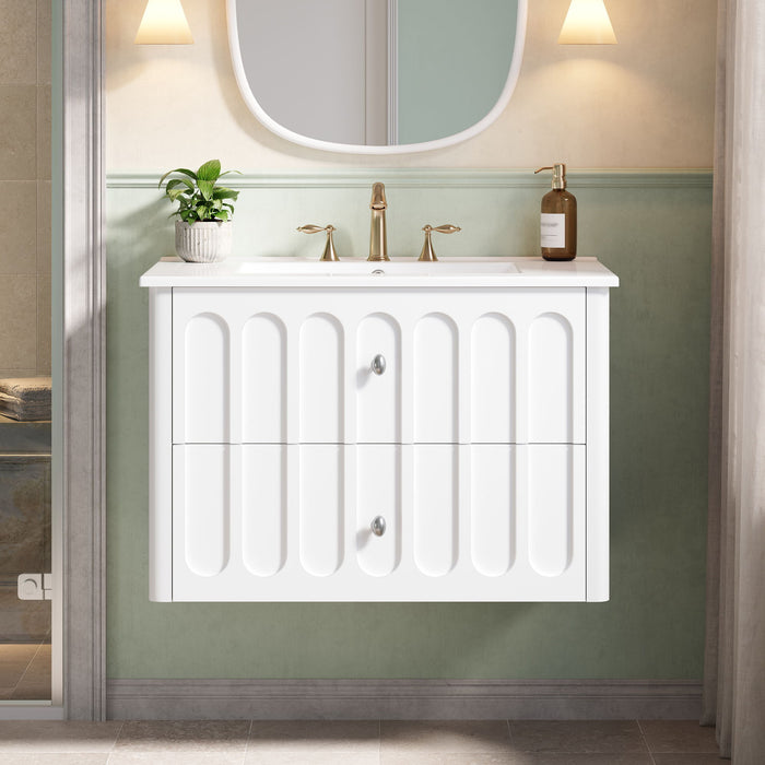 Floating Bathroom Vanity With Oval Knobs & Round Edge, Soft Close Drawer Slides