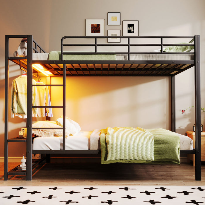 Bunk Bed With Storage Mesh Shelves, Clothes Hooks, LED Light