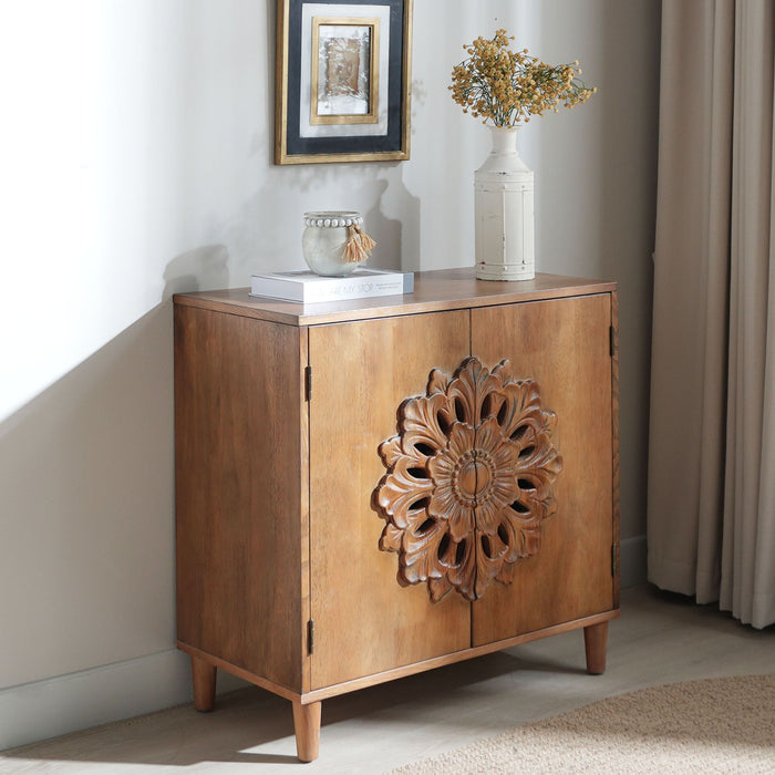 2 Door Accent Storage Cabinet With Floral Design, Sideboard For Living Room - Dark Brown
