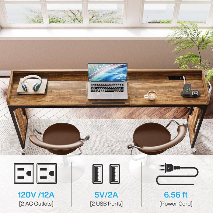 Height Adjustable Overbed Table With Wheels, Queen Size Mobile Laptop Desk, Rolling Computer Cart With Tiltable Stand And Built In Outlets & USB Ports - Rustic Brown