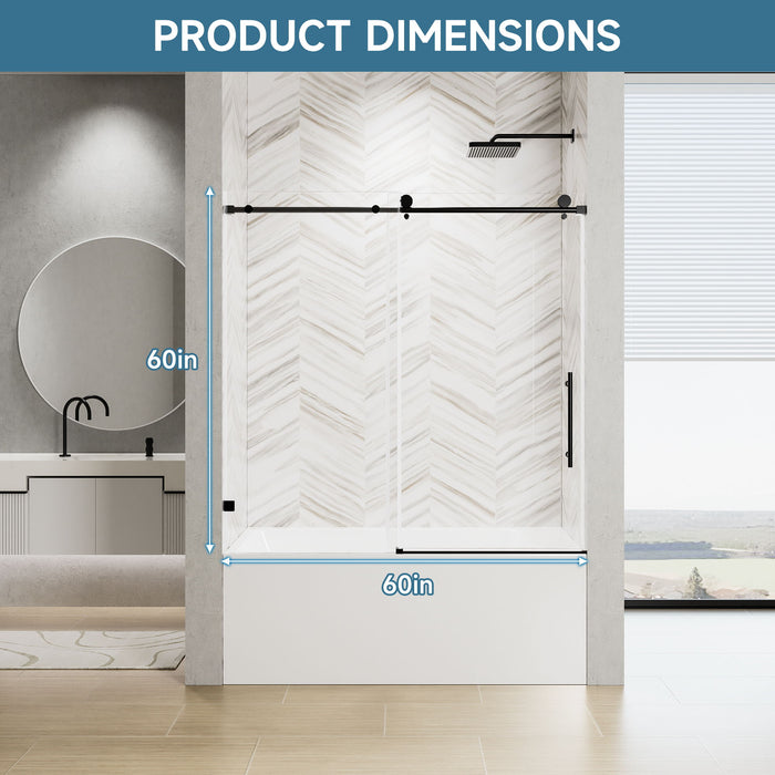 Frameless Single Sliding Shower Door With Soft Close, 5 / 16" Clear Nano Coated Tempered Glass, 60" X 60" - Matte Black