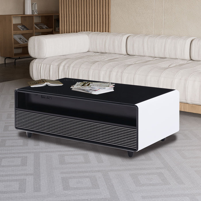 Modern Smart Coffee Table With Built-In Fridge, tooth Speaker, Wireless Charging Module, Touch Control Panel, Power Socket, USB Interface, Outlet Protection, Atmosphere Light