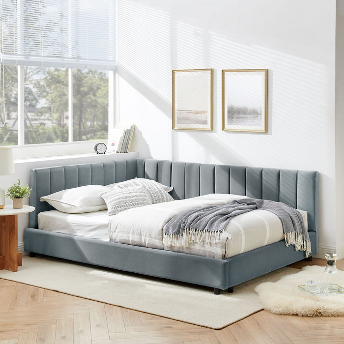 Mid-Century Upholstered Tufted Bed Frame With Backrest And Armrests