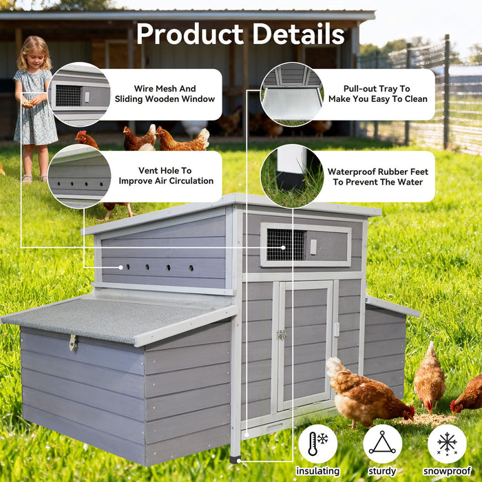 Chicken Coop, Large Outdoor Hen House With Run And Nesting Box Poultry Cage, Rabbit Hutch - Gray