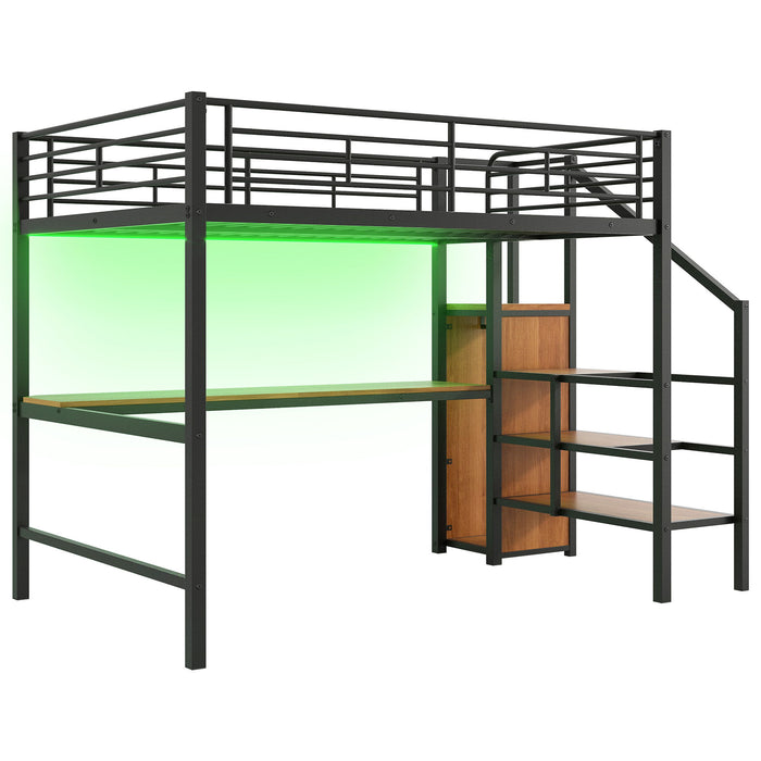 Loft Bed With Desk, Storage Staircase, Small Wardrobe And LED Light