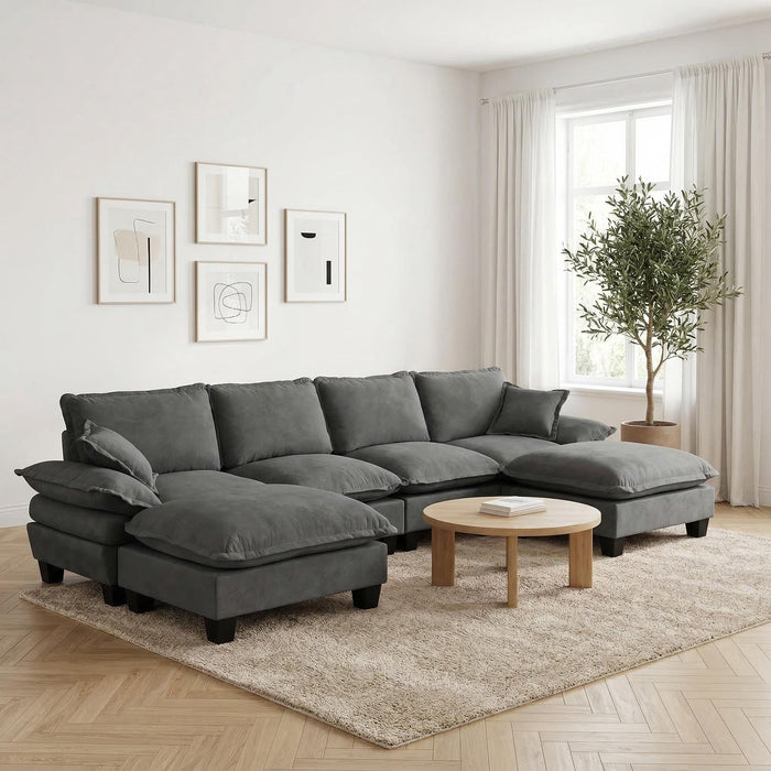 Modular Sectional Sofa With Movable Ottoman & Pillows