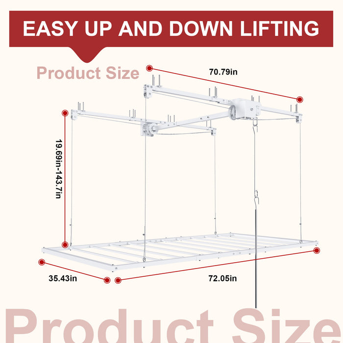 Overhead Garage Storage Rack 3 X 6 Ft For High Ceilings, With Safety Lock - White