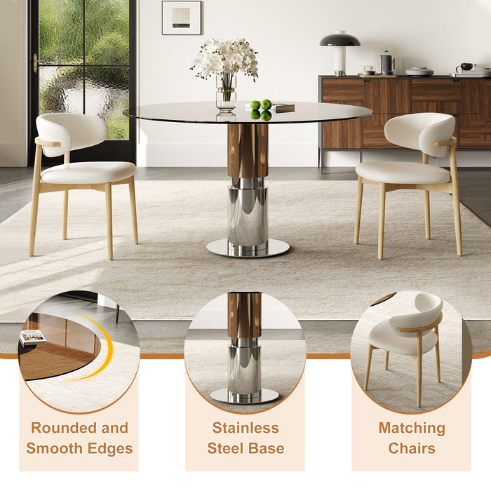 Round Glass Dining Table With Stainless Steel Legs And Chairs