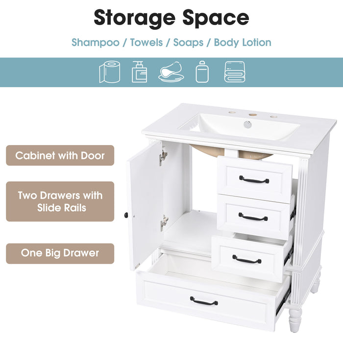 30" Bathroom Vanity With Sink, 3 Drawers, Adjustable Feet