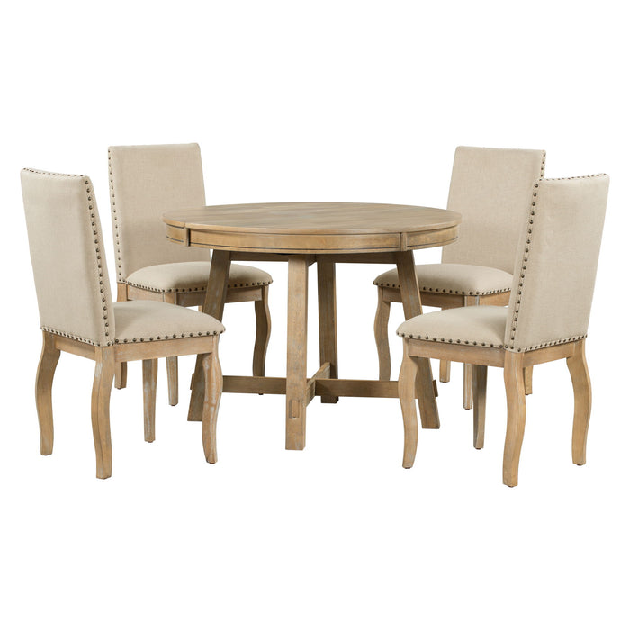 Round Extendable Dining Table Set With 4 Upholstered Chairs