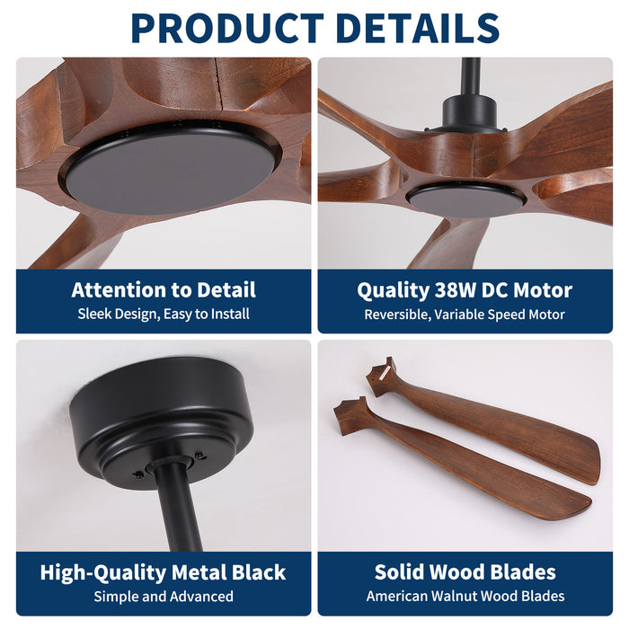 Ceiling Fan With Light And Remote Control, Noiseless, 6 Speeds Reversible, Quiet DC - Matte Black