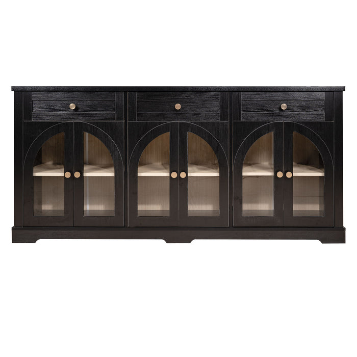 Sideboard Cabinet With 3 Drawers And 6 Arched Doors, Accent Storage Cabinet With Adjustable Shelves For Dining Room - Black