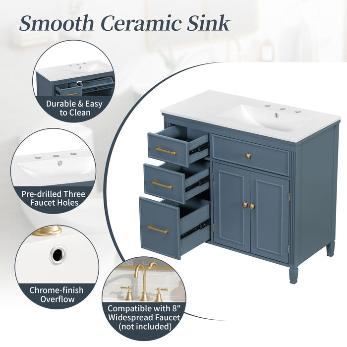 Modern Bathroom Vanity With Ceramic Sink, Freestanding, One Tip Out Drawer, 3 Side Drawers, Adjustable Shelf