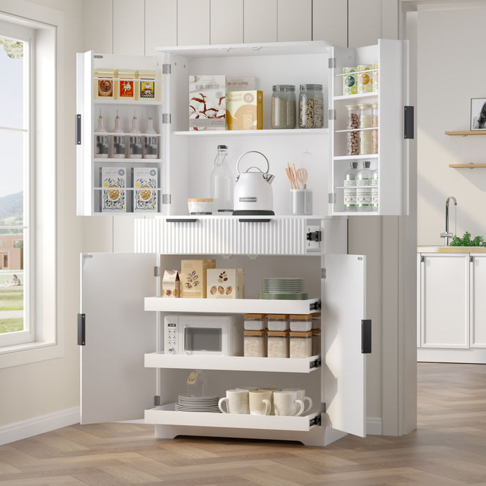 Fluted Kitchen Pantry Cabinet With 3 Keyboard Drawers & 6 Adjustable Door Shelves
