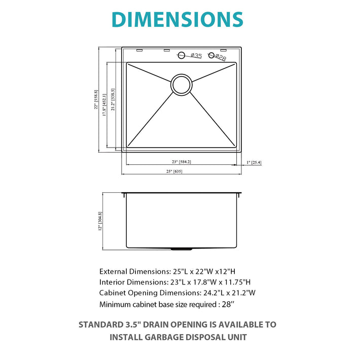 Topmount Kitchen Sink 16 Gauge, Single Bowl