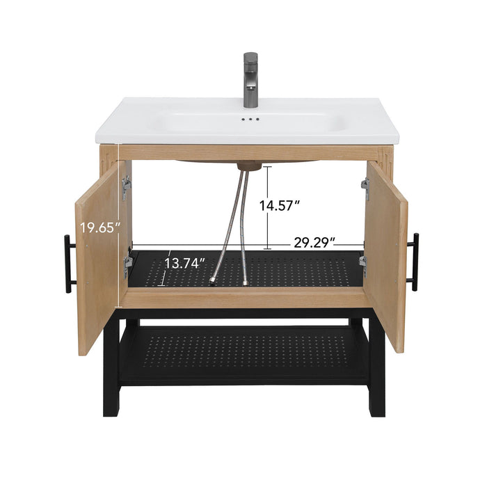 Modern Freestanding Bathroom Vanity With Ceramic Sink, Hot And Cold Faucet, Storage Cabinet & Open Shelf