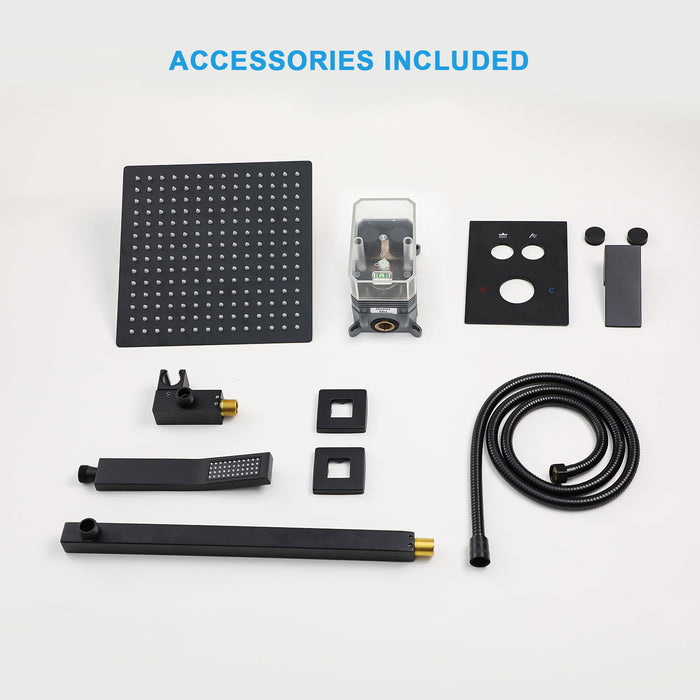 Dual Shower Head System With Rainfall Design, 10" Wall Mounted Square Shower Set - Matte Black