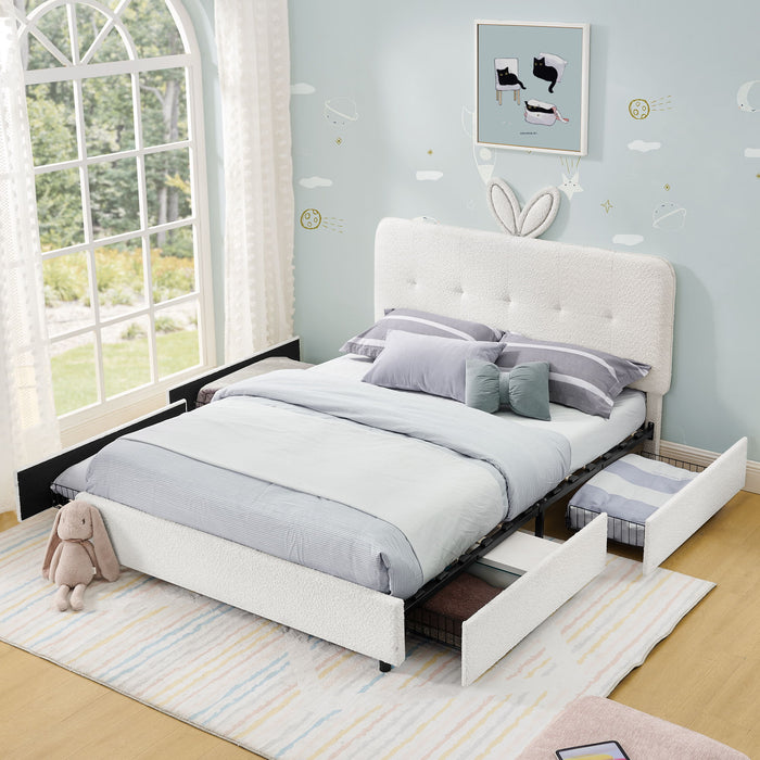 Upholstered Bed With Oversized Rabbit Ear Headboard, LED Lights & 4 Storage Drawers