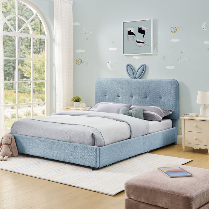 Upholstered Bed With Oversized Rabbit Ear Headboard, LED Lights & 4 Storage Drawers