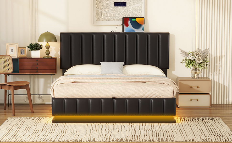 Upholstered Bed With Hydraulic Storage System And LED Light, With Sockets And USB Ports