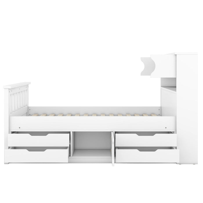 Captain Platform Bed Frame With Storage Bookcases, Shelves, And 4 Drawers