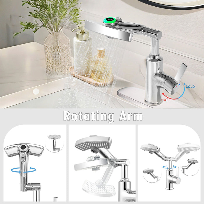 LED Temperature Display Bathroom Faucet With 3 Water Modes & 360° Rotating Spout - Chrome