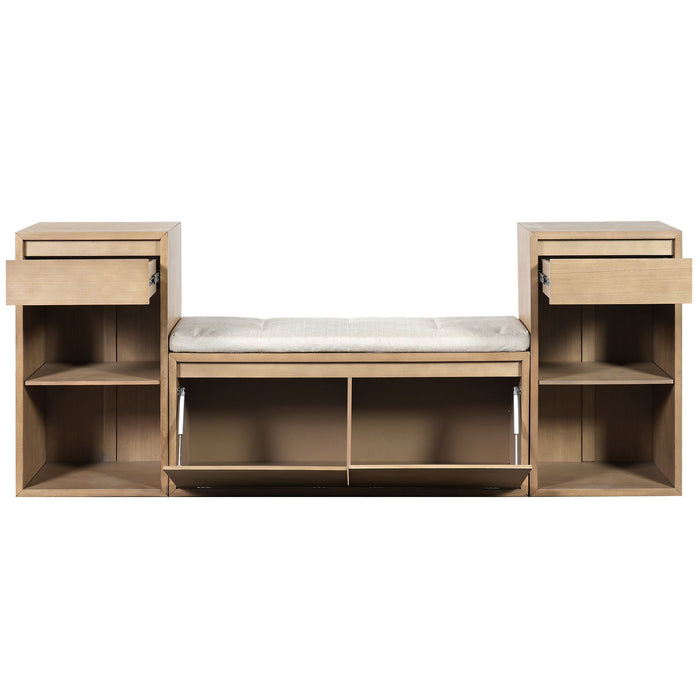 Entryway Storage Bench With Cushion, Drawers & Open Shelves