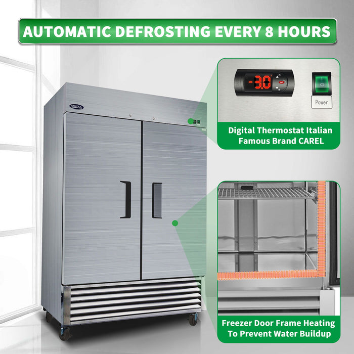 54" Commercial Freezer 49 Cu.Ft With 2 Solid Door Reach-In Freezers Stainless Steel Etl Approved Upright Freeze Storage - Silver