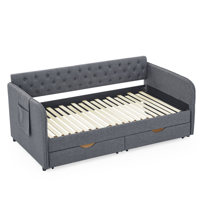 Daybed With Trundle And Storage Drawers, Flat Arms With Pocket