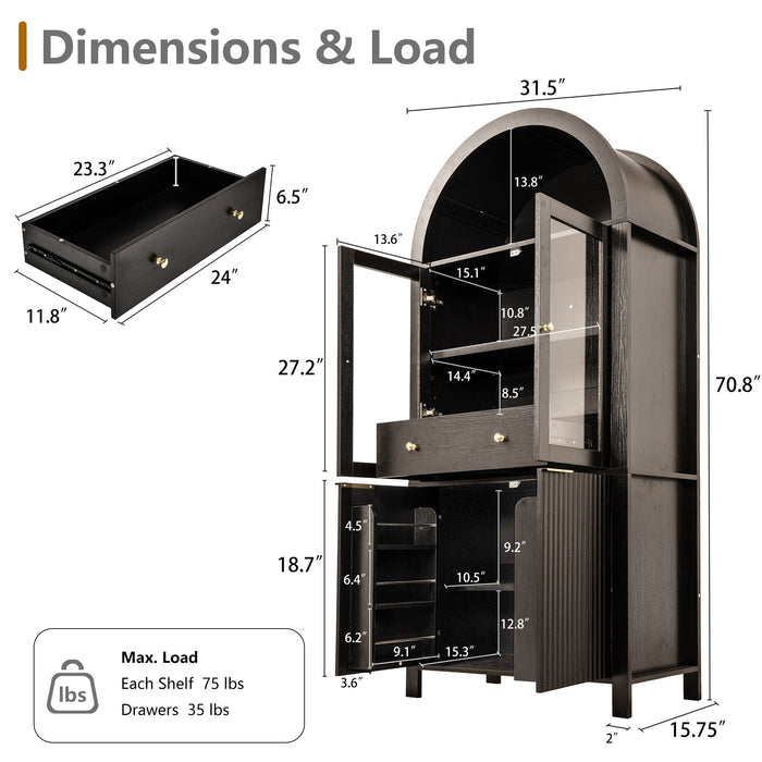 Fluted Tall Arched Pantry Cabinet With Adjustable Shelves, Glass Door & Hidden Drawer For Kitchen